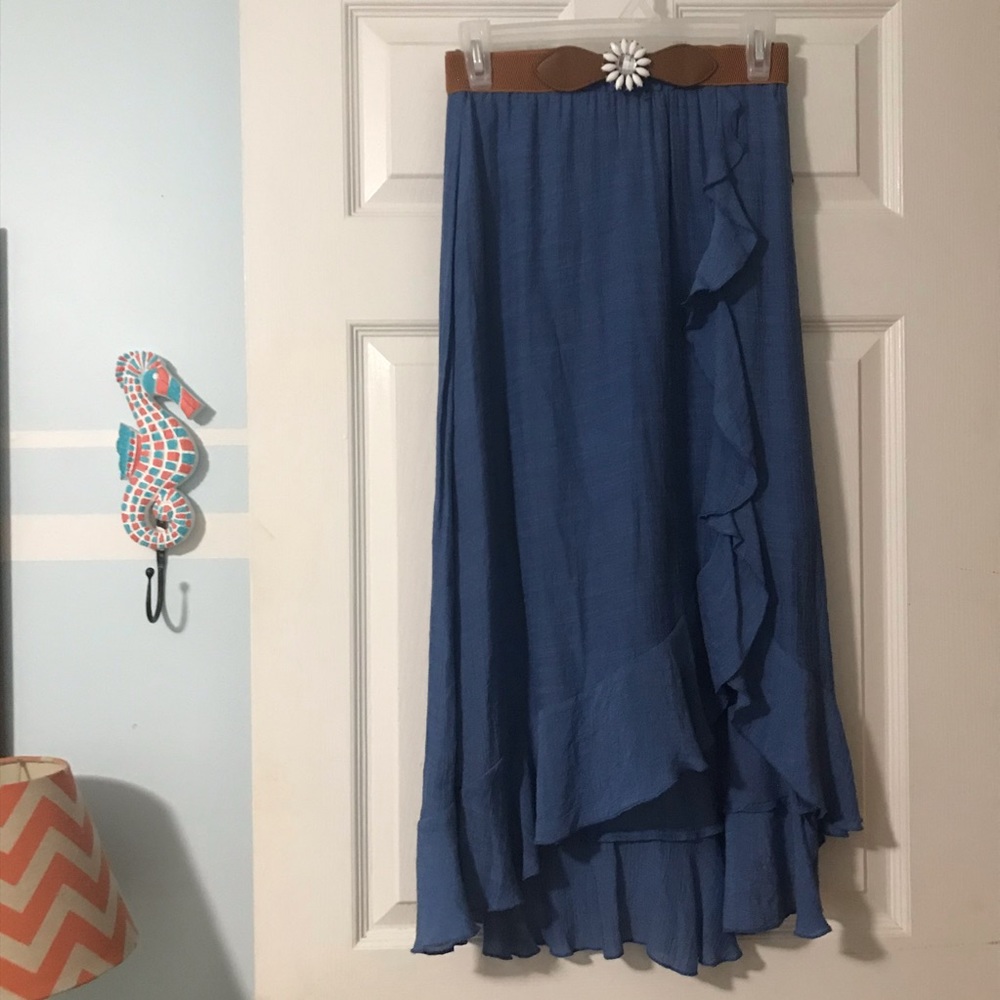 Girls Size 14 Long Blue Skirt w/ Flower Belt